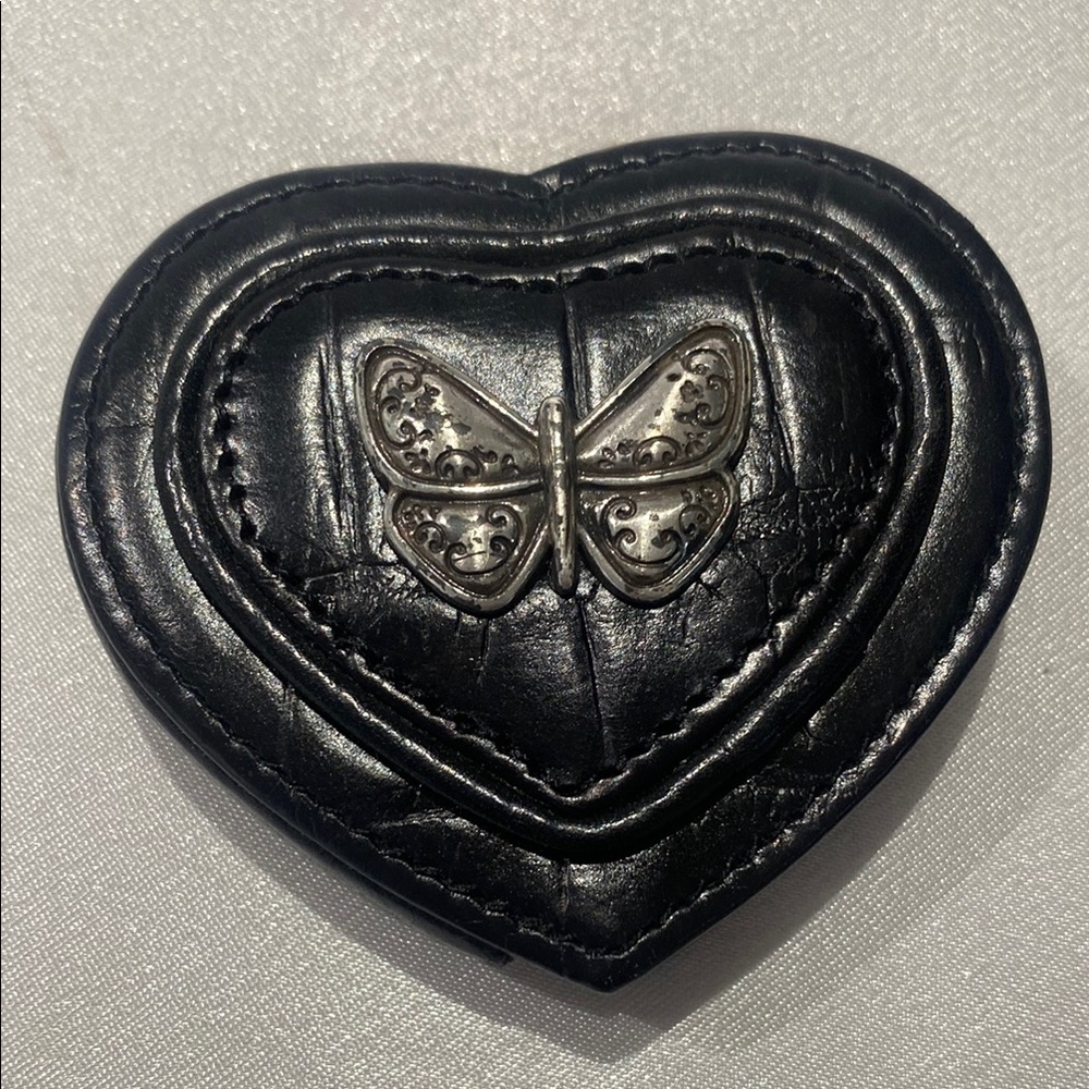 Elegant Black Heart Leather mirror Pouch with Silver Butterfly